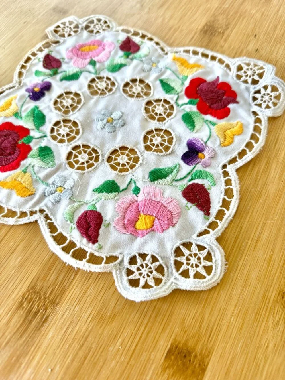 Vintage Mid Century Kalocsa Style Doily In Cotton And Lace Detail